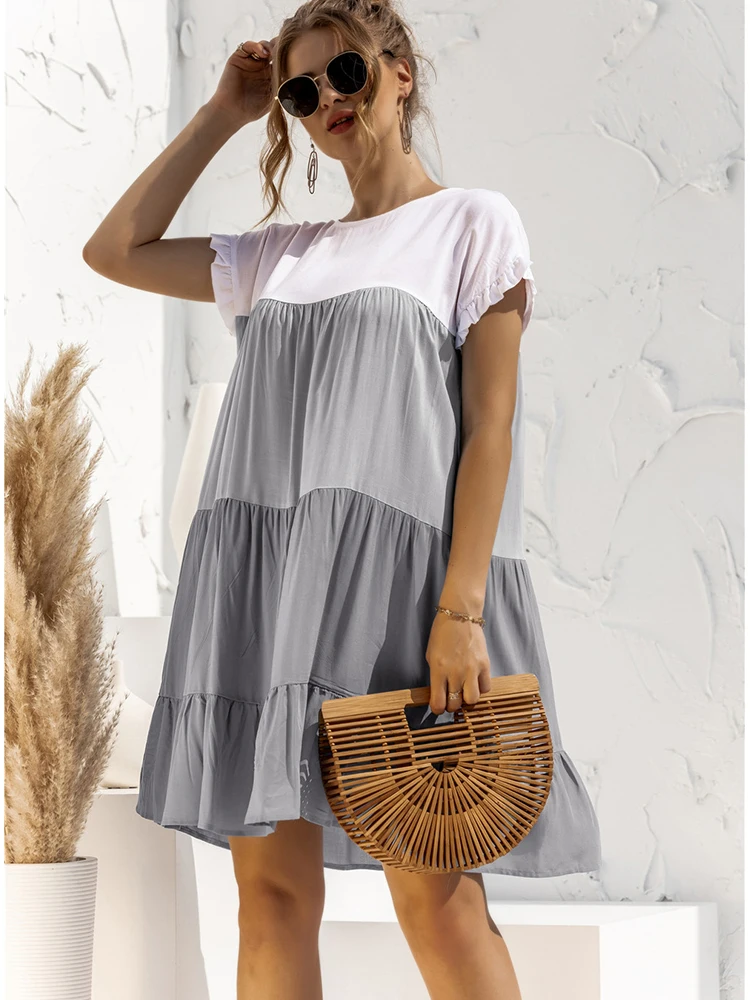 

Casual Loose Summer Dress Women Contrast Color Pleated Tiered Dress O-Neck Short Sleeve Patchwork Holiday Beach Sundress