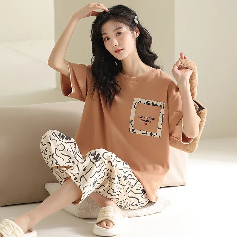 Cotton Pajamas Women's Summer Thin Short-sleeved Cropped Pants Loose Large Size Home Service Suit Breathable and Soft Loungewear