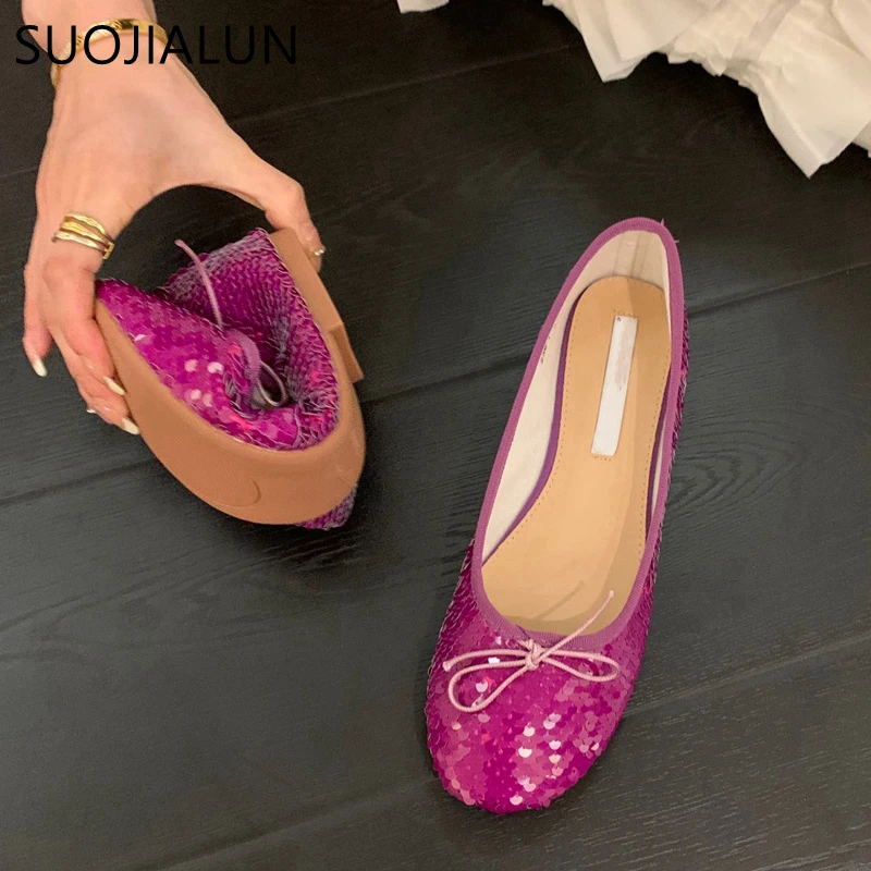 

SUOJIALUN 2022 Autumn Classic Bow Tie Flats Women Ballerina Fashion Sequins Round Toe Flat Ballet Female Casual Slip On Loafers