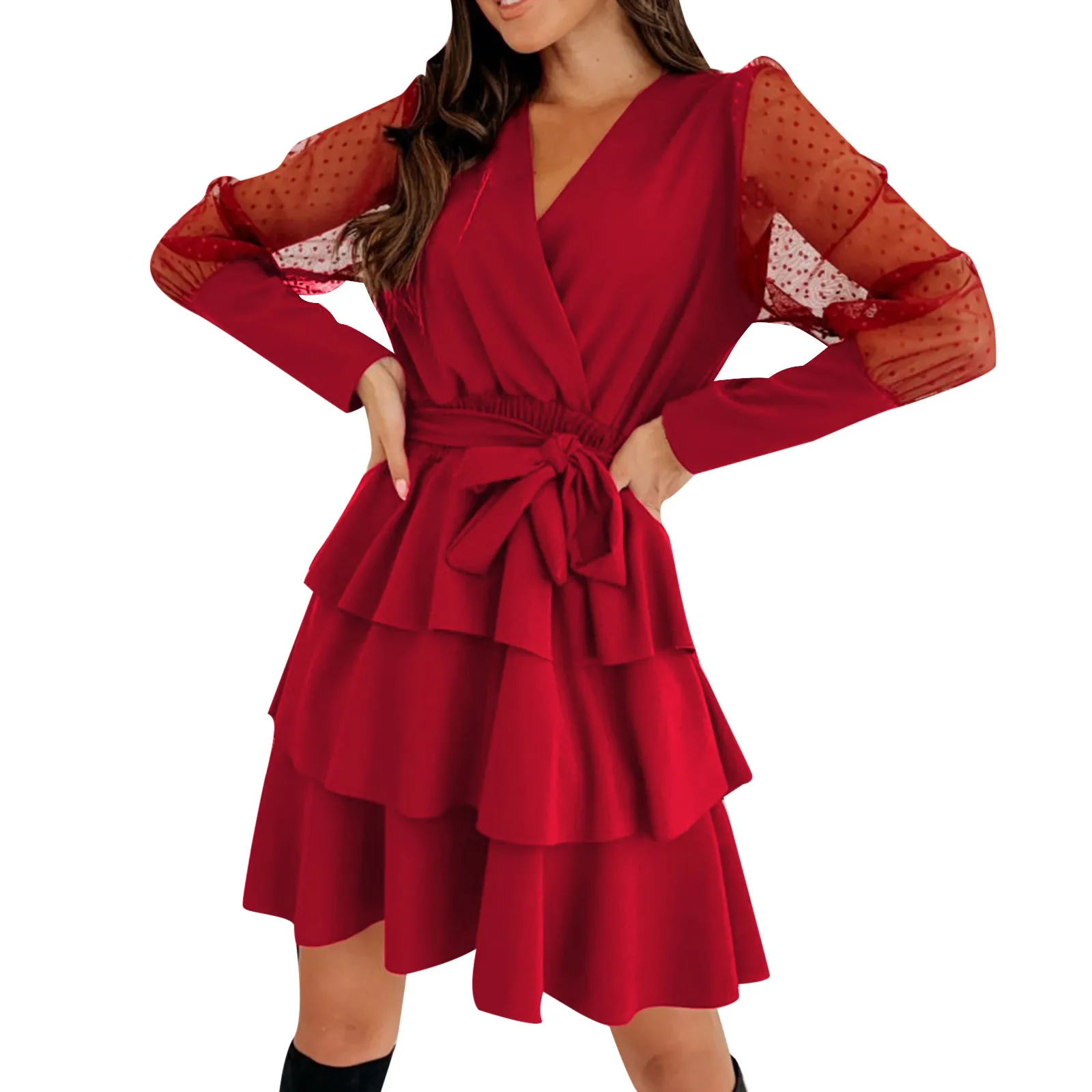 

Ladies Fashion Sexy Dress V-neck Stitching Mesh Sleeves Long-Sleeved Lace Elegant Belt Dresses Women Long Sleeve Party Dress