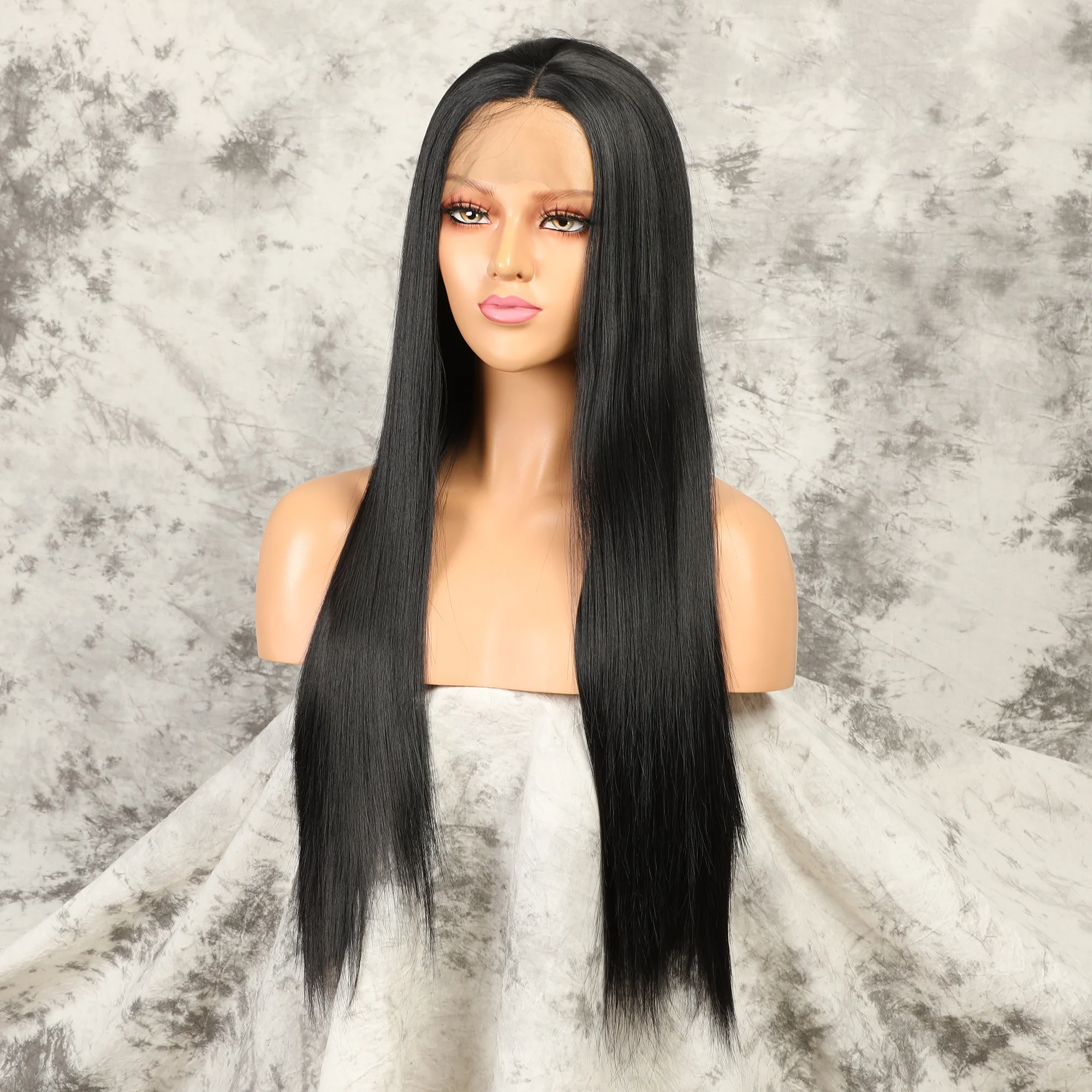 

26 inchLong Silky Straight 180 Density Synthetic Lace Front Wig For Black Women Babyhair Deep Part PrePlucked Glueless Fiber Wig