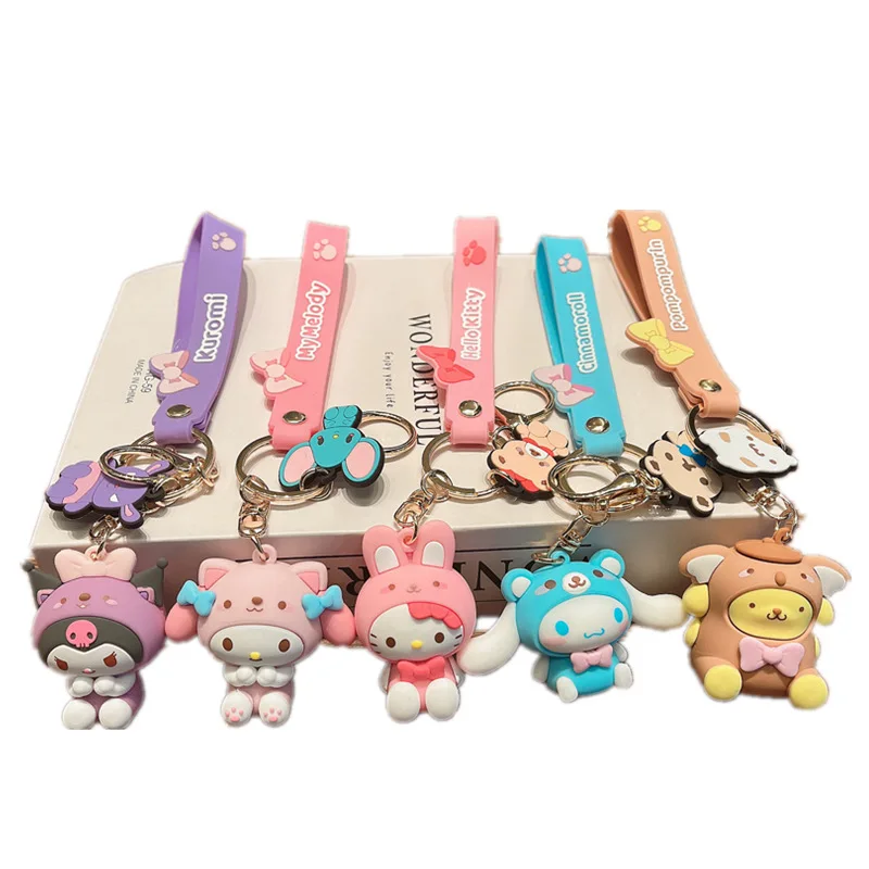 

New Sanrio Anime Hello Kitty Figures Keychain Kuromi Pochacco Pom Pom Purin Figural Model PVC Key Ring Birthday Toys Gifts