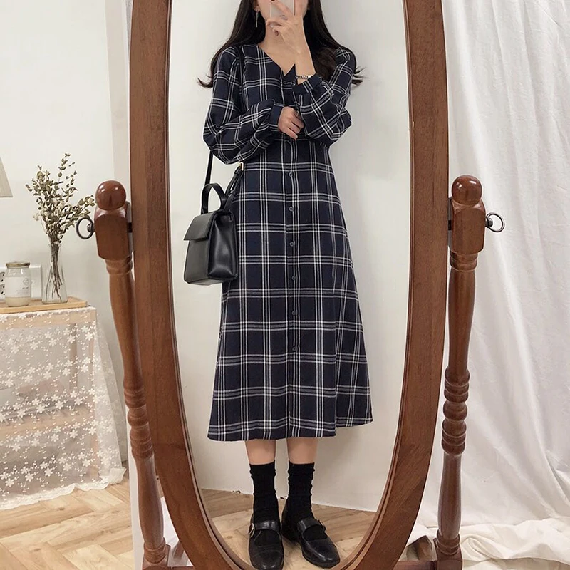 

Autumn Fashion Vintage Plaid Dresses for Women Casual Linen Square Collar Mori Girl Dress Retro Korean Fashion Kawaii Midi Dress