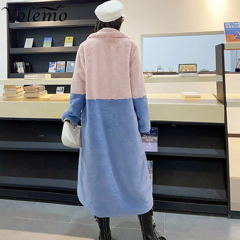 Volemo 2023 Winter Women High Quality Faux Rabbit Luxury Long Fur Coat Lapel OverCoat Thick Warm Female Plush Jacket Plus Size