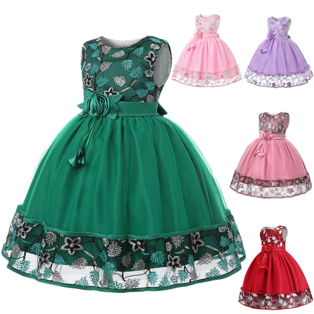 

Toddler Girl Flower Embroidery Sleeveless Dress Kids Lace Birthday Baptism Party Clothe for Children Clothing Princess Vestidos