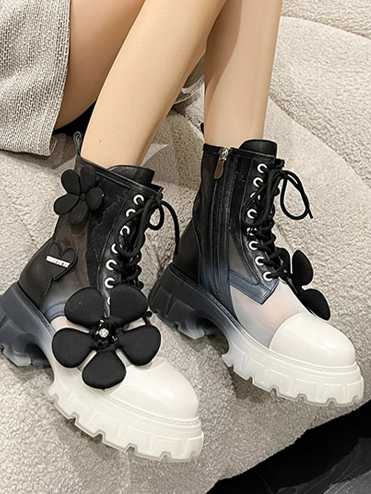 

Platform Women Sandals Fashion Mesh Chelsea Boots 2022 New Autumn Ankle Lace Up Breathable Shoes Brand Women Flowers Soft Boots
