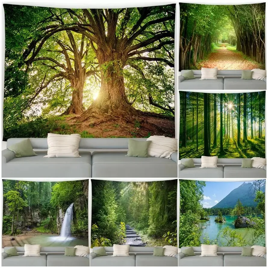 Лесной пейзаж гобелен водопад тропические растения весенние деревья природный