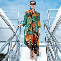 Beach Style V-Neck Design Women's 2022 Summer New Mulberry Silk Retro Print Three Quarter Sleeve Elegant Loose Lady Dress S-XL