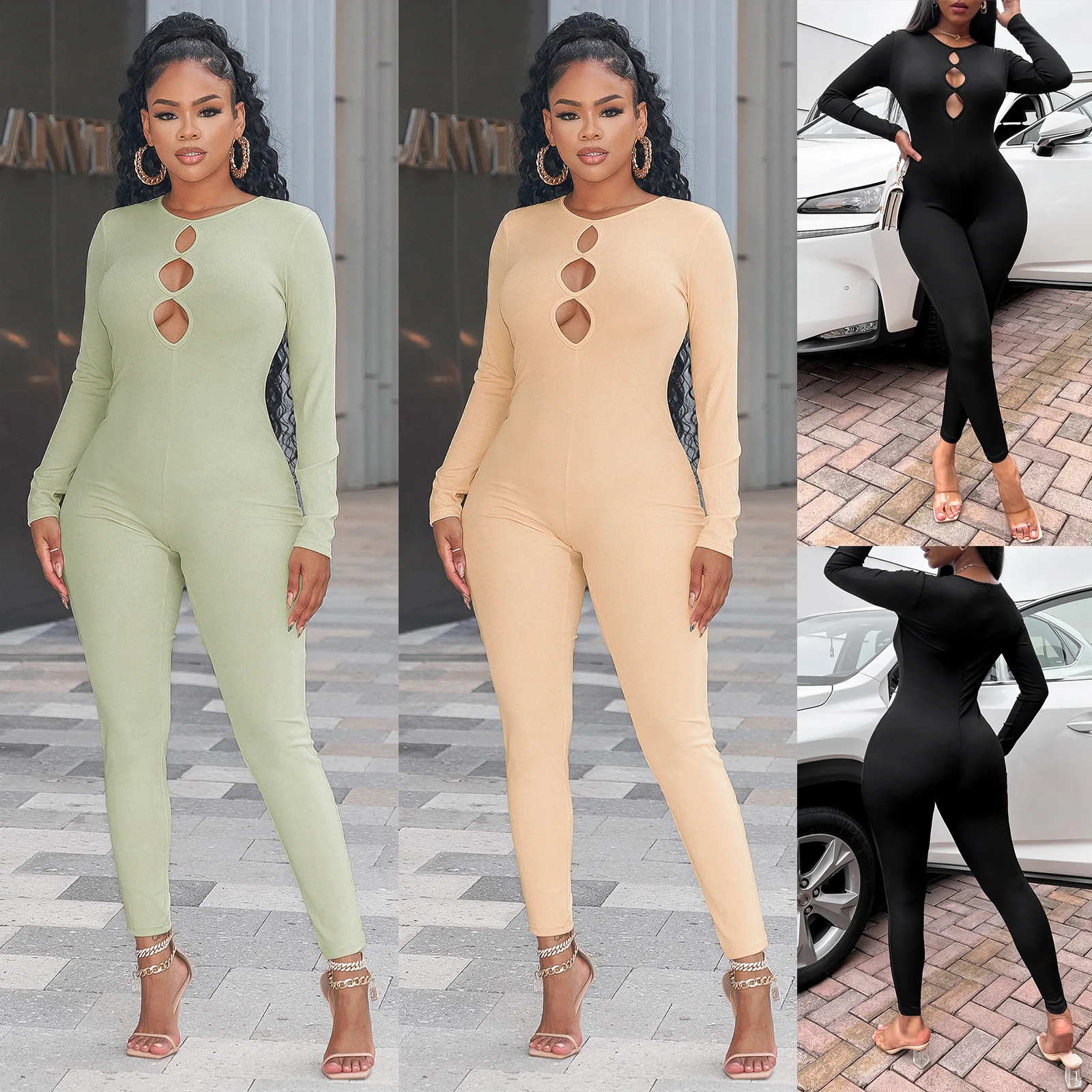 Omancady Sexy Hollow Out Jumpsuit Women Skinny Solid Long Sleeve One Piece Rompers 2022 Autumn Night Party Club Birthday Outfits