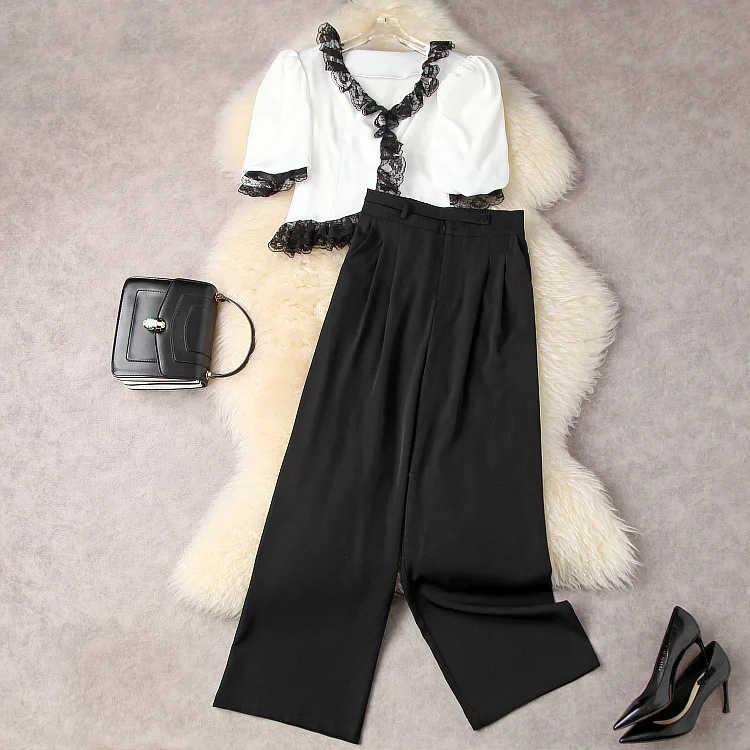 

Женская одежда в европейском и американском стиле, новинка весны 2022, кружевная рубашка с V-образным вырезом и короткими рукавами, брюки с широкими штанинами, модные костюмы