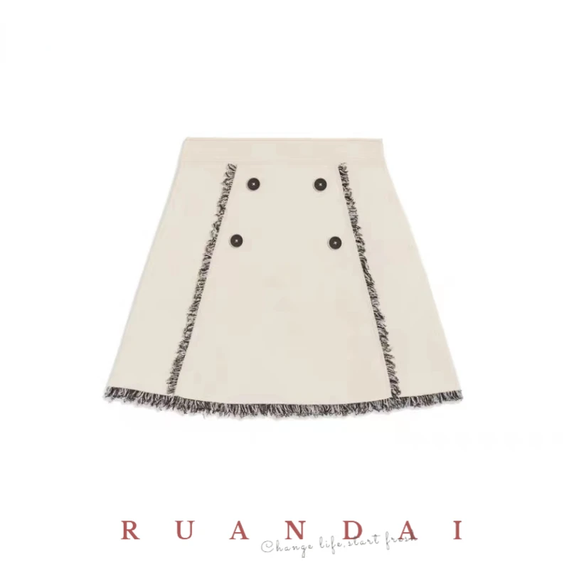 Tweed Milk White A-line Skirt for RUANDAI 2022 Summer New Tassel Contrast Button Stitching Skirt Women