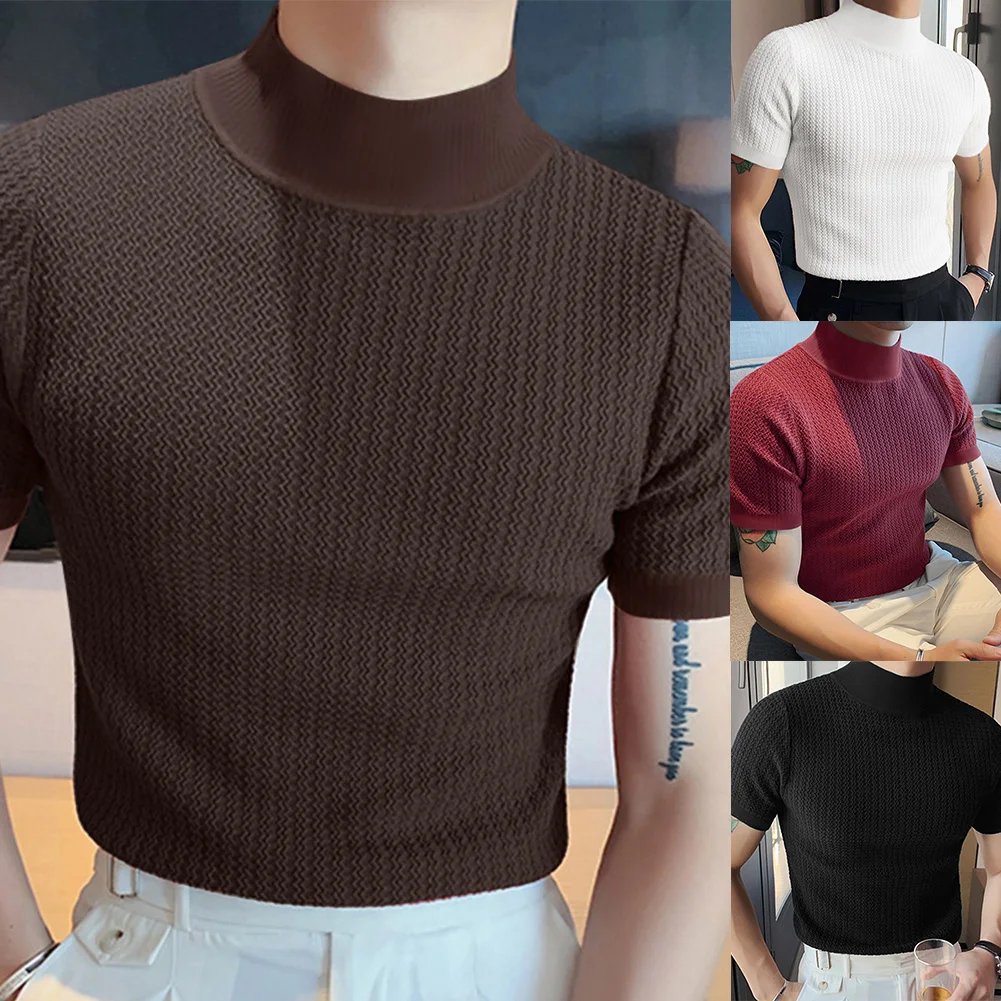 

Fashion Men Striped T-Shirt Half High Collar Pullover Tee Tops Knitted Sweater Slim Fit Top Shirts Men Clothing