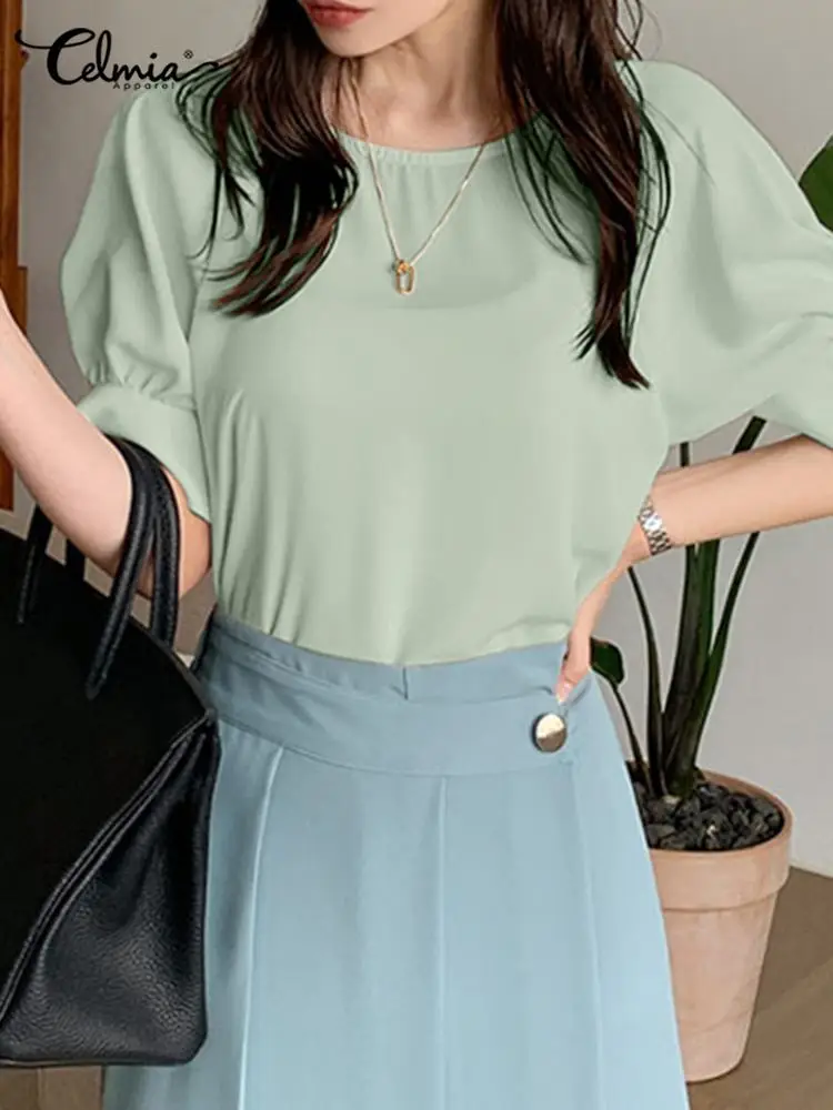 

Women Round Neck Blouse Celmia Fashion Puff Half Sleeve Shirt Summer Casual Solid Loose Pleats Stitching Elegant All-match Tops