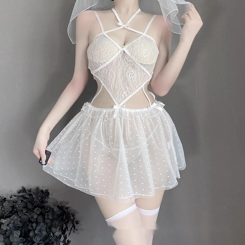

Sexy Underwear Solid Color Mesh Perspective Hot Backless Small Breast Hollow Out Loving Bride Role Play Seduction Suit VNI5