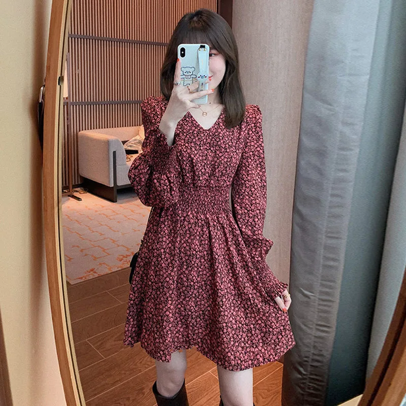 

Spring Autumn Printing Dresses Women Elegant Ladies Puff Sleeve V-neck High-waist Elastic Dresses Vintage A-line Clothes