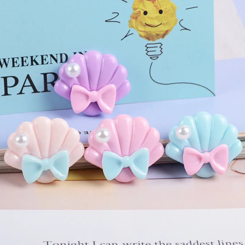 

10pcs Cartoon Kawaii Resin Shell With Bows Cabochon Flatback Craft Material Embellishments Planar Charms Mini Figurine Diy Decor