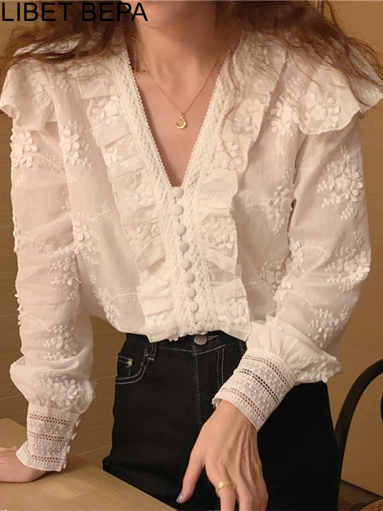 Korean Fashion Women Blouses Spring Summer V-neck Elegant La