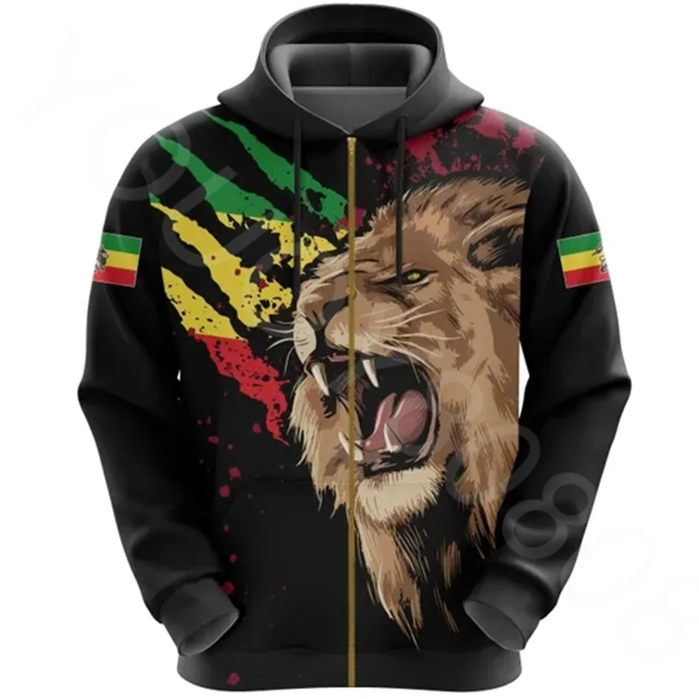 

Outono inverno zona africana moletom masculino casual impressão solto hoodie-etiópia rasta leão judah bandeira zip hoodie 2022