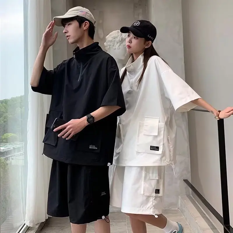 

Cargo Pants Short Suit Male Summer Solid Color Loose Tshirts And Shorts 2 Piece Set Japanese Style Outdoor Casual Tracksuit Men