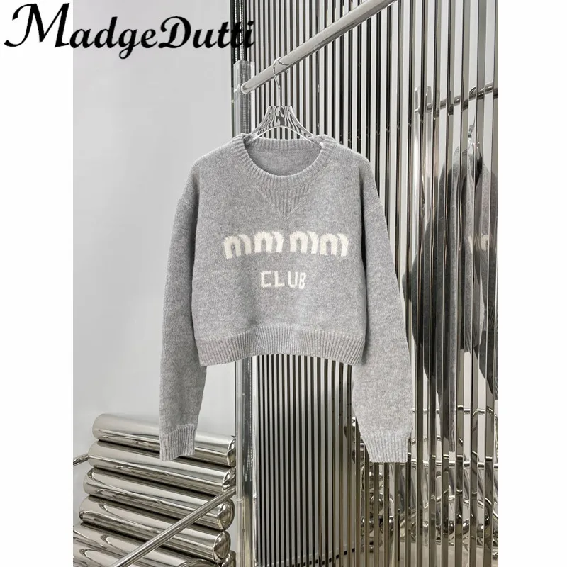 

11.8 MadgeDutti 100% Cashmere Knit Letter Jacquard O-Neck Long Sleeve Loose Short Knitted Pullover Sweater Women