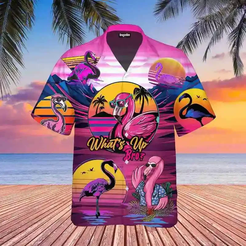 Men'S Hawaii Summer Flamingo Casual Shirt 3D Beach Social Cartoon Super Large Funny Short Sleeve Dazn New List Sale Floral