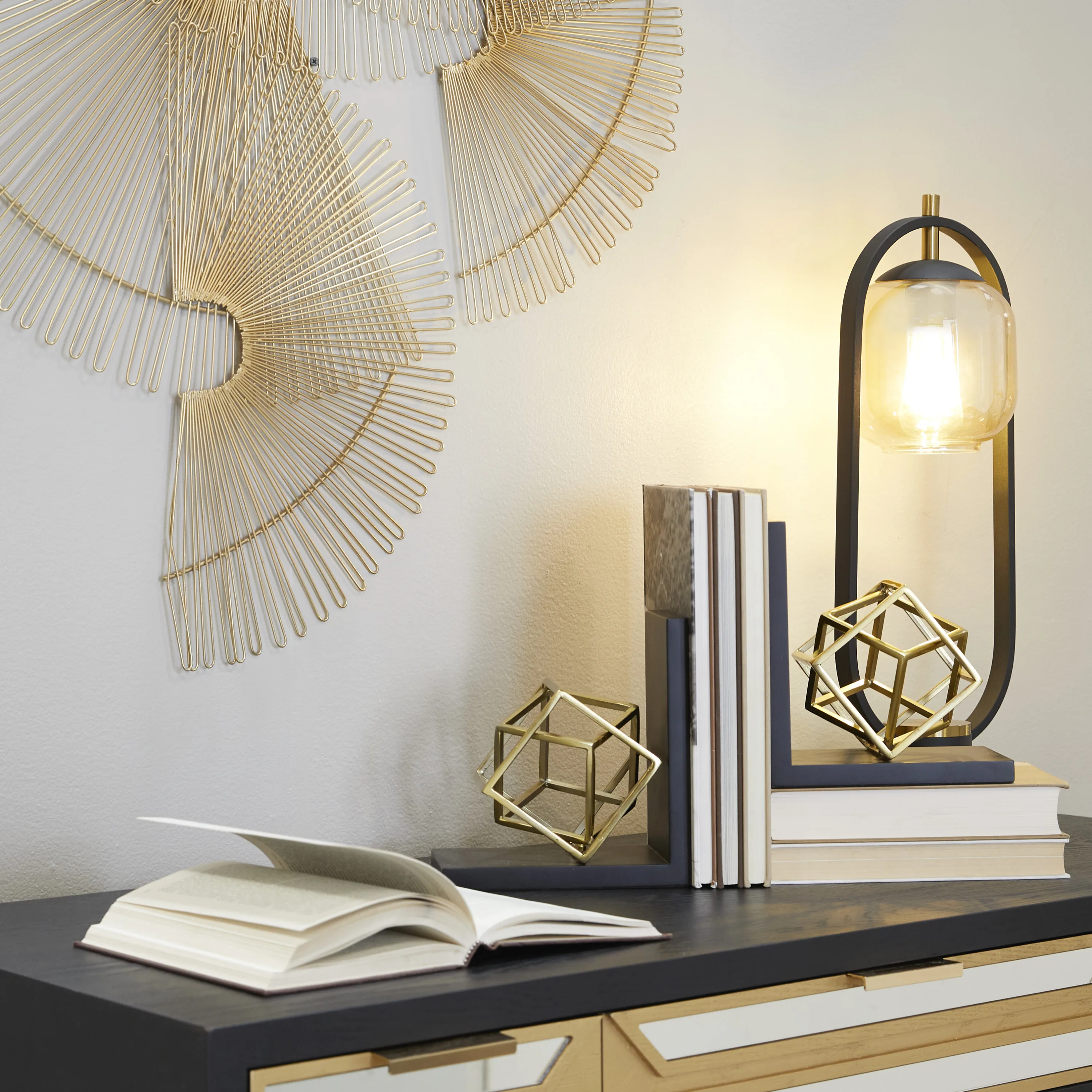 

8" Overlapping Cube Geometric Gold Stainless Steel Bookends with Black Bases (Set of 2)