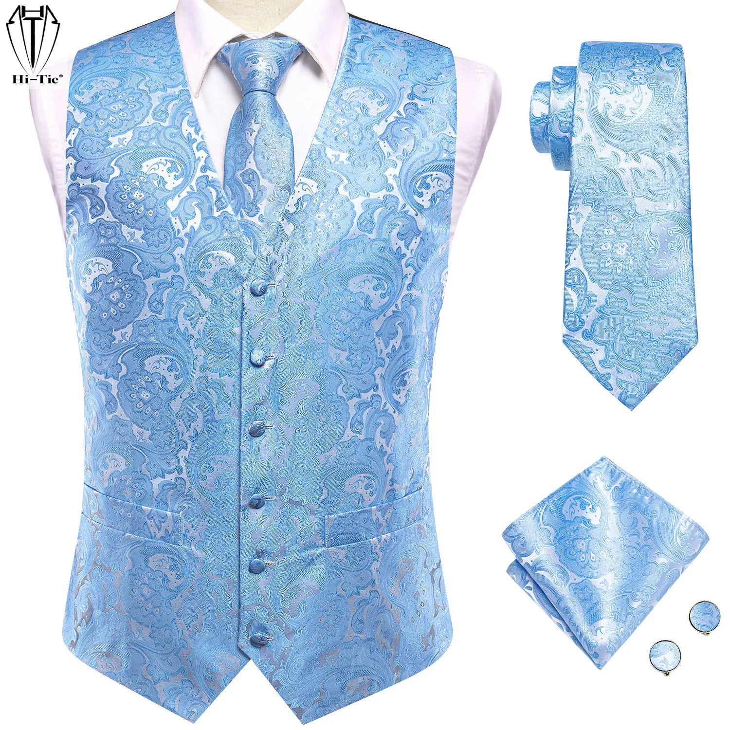 

Шелковый мужской комплект из жилета и галстука Weddin, жилет без рукавов в западном стиле, куртка, галстук, запонки, небесно-голубой, коралловый, Бие, серебряный, нудийский