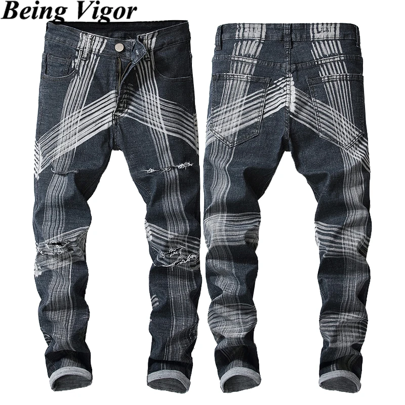 

Being Vigor Wholesale Ripped 2 Holes Mens Jeans Pants Slim Fit Denim Panel Printed Distressed Straight Jeans Men calça mascul