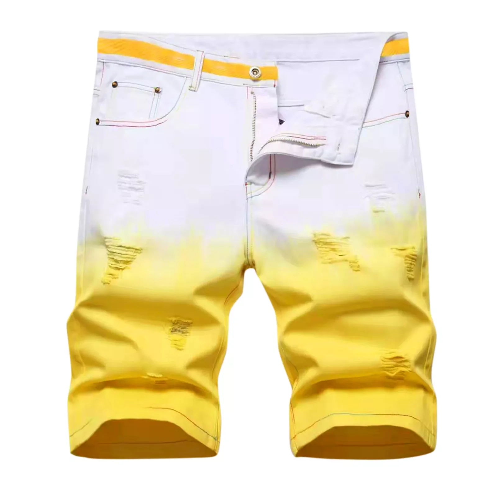 

Charcoal Jeans Men Male Casual Mid Waist Hole Jeans Shorts Gradient Print Zipper Fly Pocket Short Pant Trousers