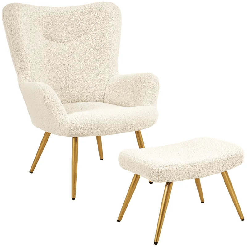 

Boucle Accent Chair and Ottoman Set with Golden Metal Legs for Living Room, Ivory