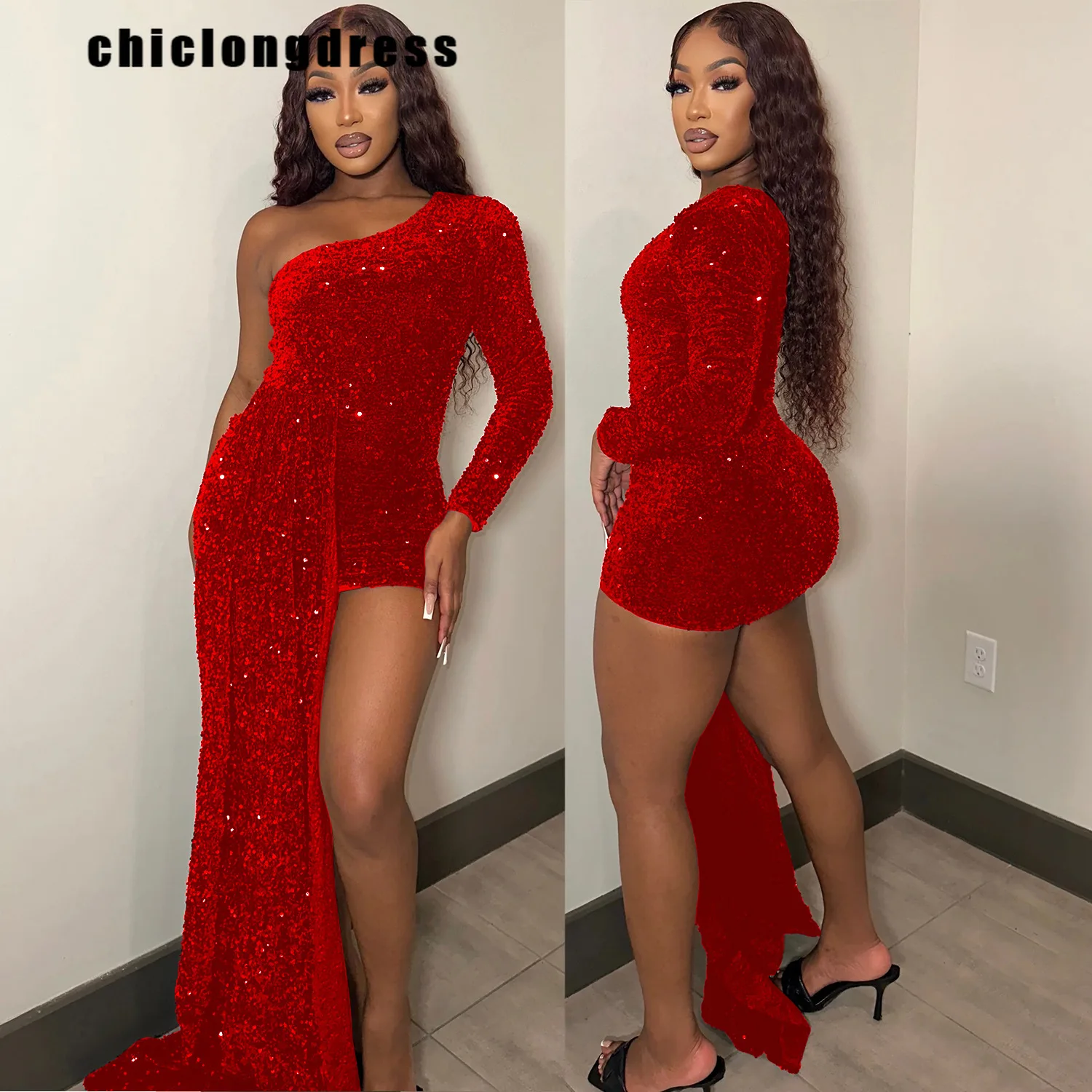 

Autumn Sexy Sequin Party Dress Women Fashion Diagonal Neck Single Sleeve Irregular Sequin Evening Dress Women