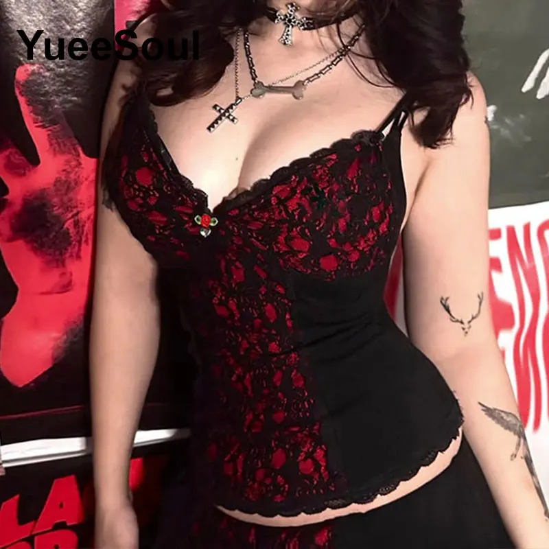 Gothic Crop Tops Black Lace Mesh Tanks 2025 New Y2K Goth Punk Grunge Fairy Core Sexy Halloween 2000s Women Clothing