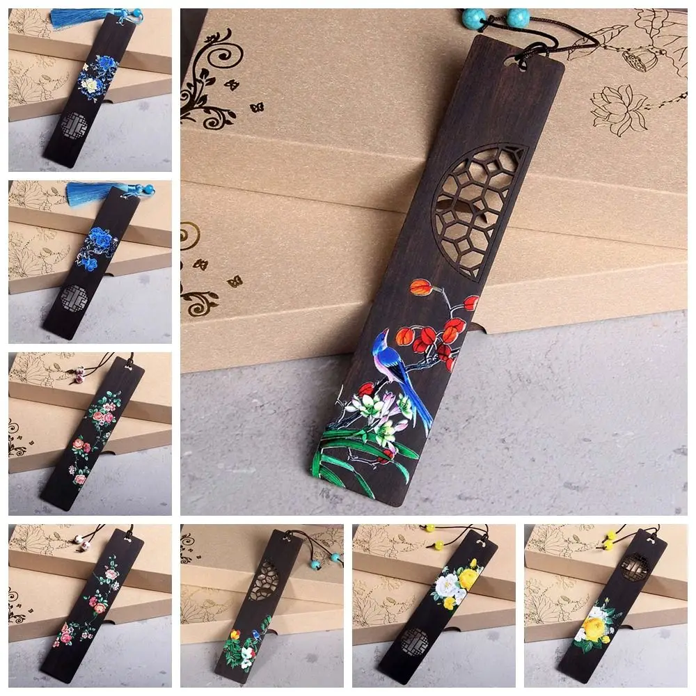 

Ebony Bookmark Durable Flower Color Painted Wooden Pagination Mark Chinese Style Retro Carving Book Clip Teachers