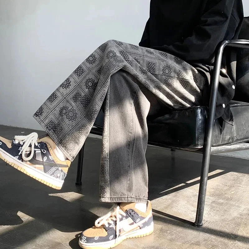 Washed Retro Black Baggy Jeans For Men Denim Trousers Personality Hip-Hop Street Cashew Flower Straight Wide Leg Pants Male
