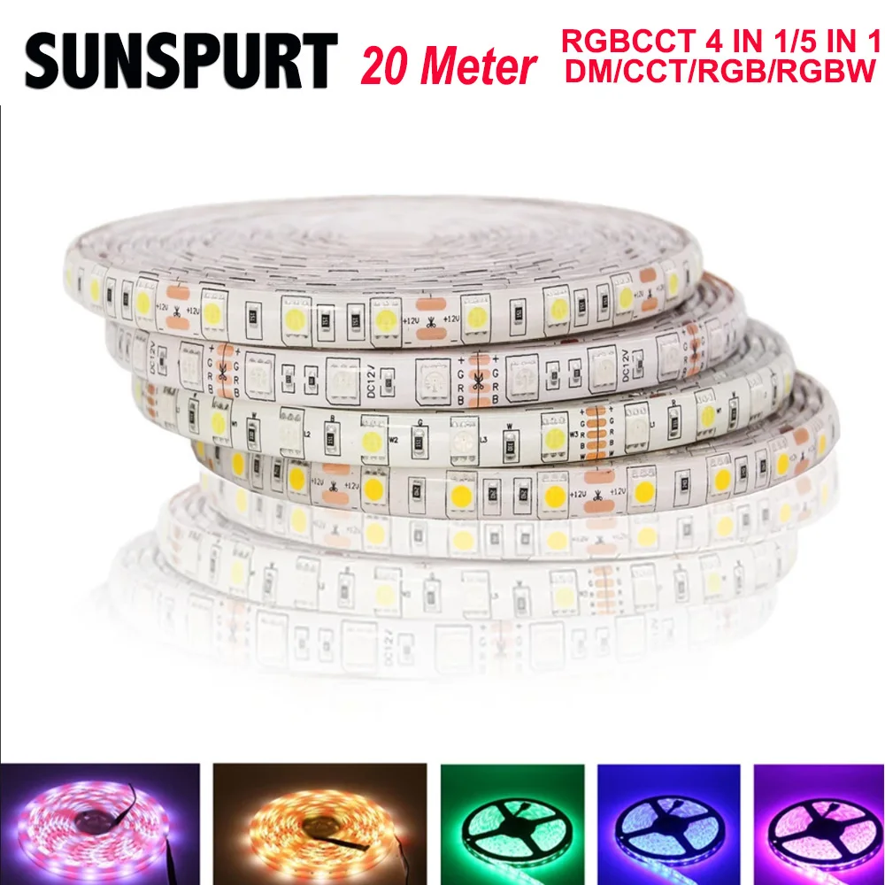 Светодиодная лента SMD5050 RGBW RGBWW, 12 В, 20 м, RGB, теплый белый свет, 4 цвета в 1, 60 светодиодов/м IP20 IP65 IP67, Водонепроницаемая LED-лента