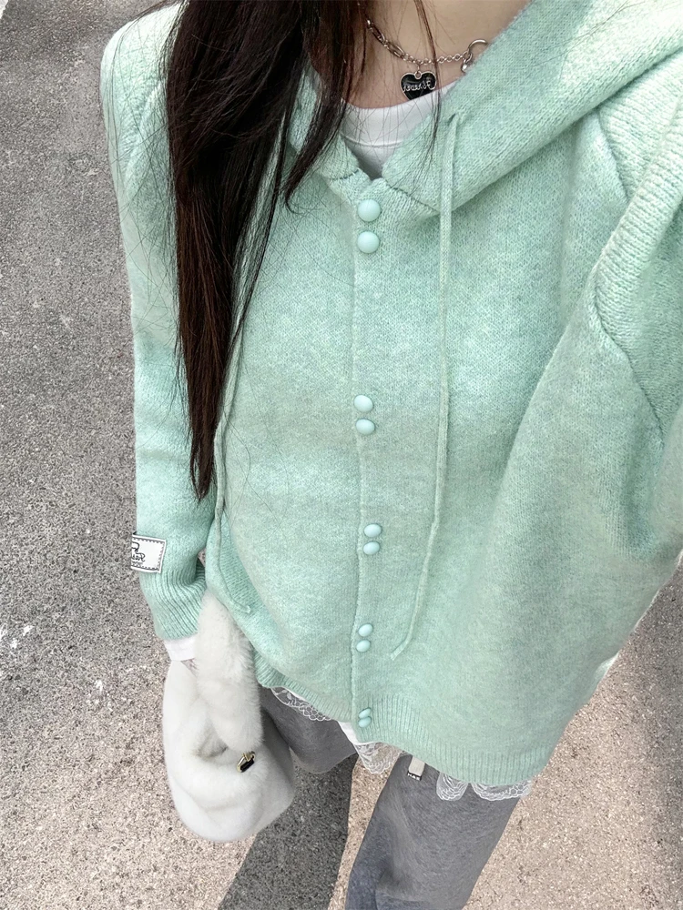 Mint Green Sweater Women Autumn and Winter New Hood Over fit knit Idle Sle Small Pullover Top Outerwear