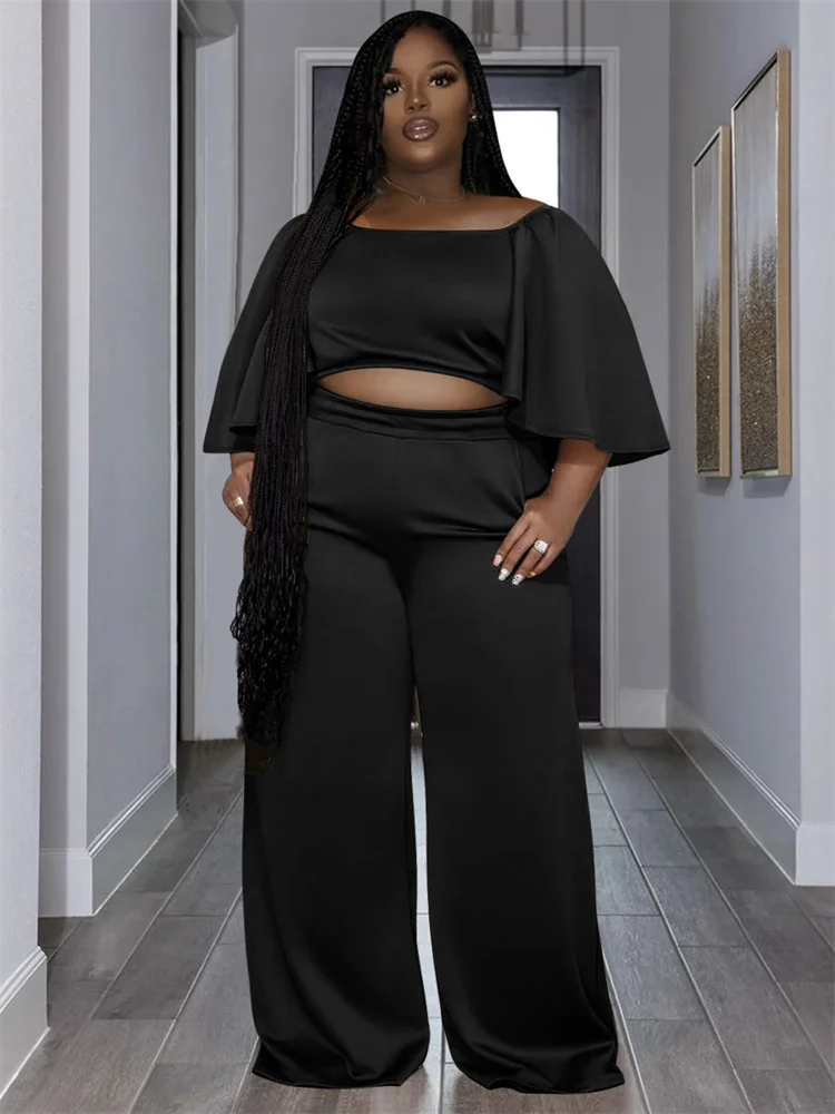 Plus Size Two Piece Sets Women Clothing Solid Off Shoulder Tops and Pants Wide Leg Matching Set Wholes 3xl 4xl 5xl 6xl