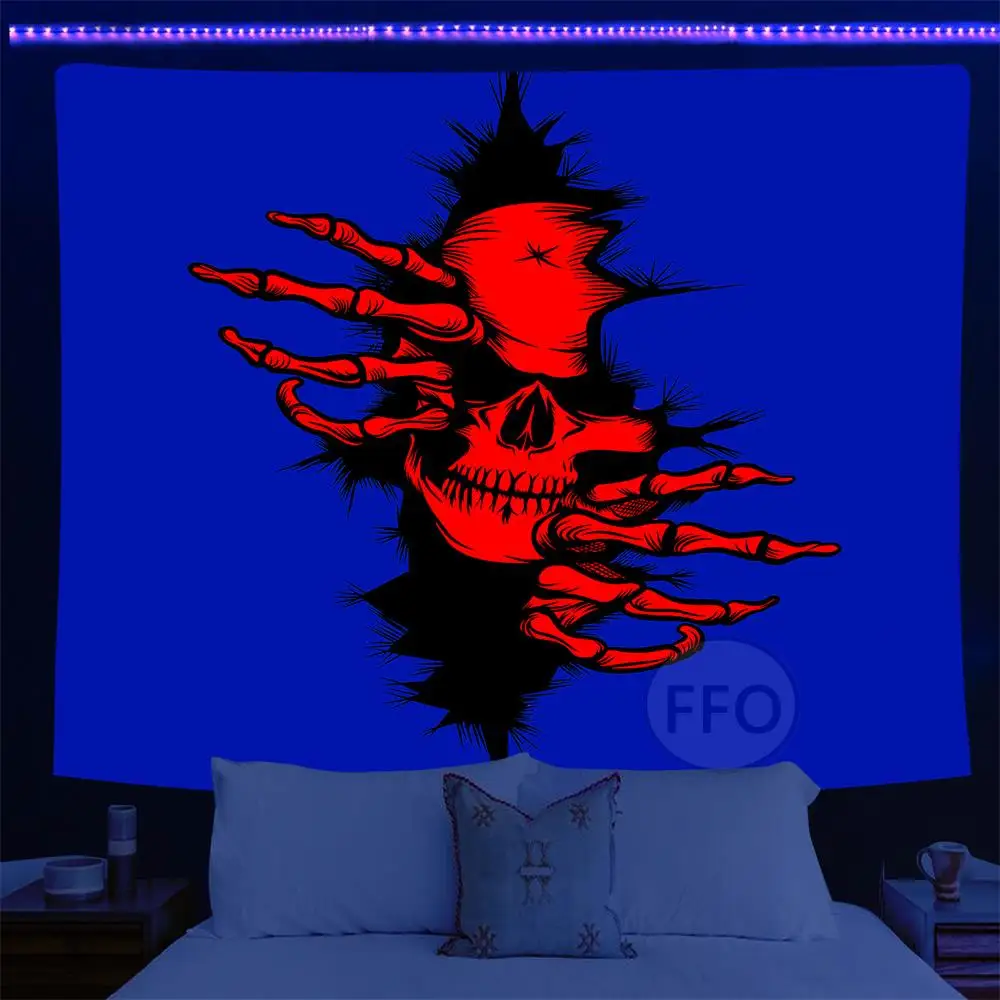 

Halloween Skull Blacklight Tapestry Glow In The Dark UV Reactive Blacklight Anime Tapestry Yoga Meditation Party Decoration