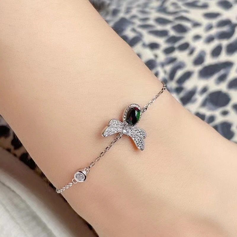 

MeiBaPJ Real Natural Black Opal Honeybee Bracelet 925 Sterling Silver Colorful Stone Bangle for Women Fine Wedding Jewelry