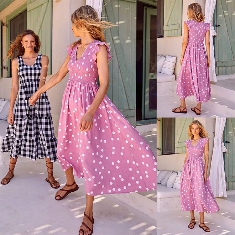 

2023 Summer New V-Neck Ruffle Sleeves Sweeping Medium length Dress for Women