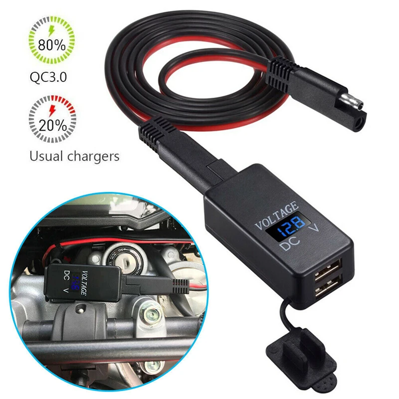 

12-24V Motorcycles SAE to USB Charger Waterproof Dual Ports Adapter Supply Cellphone Socket With Voltmeter Moto Accessories
