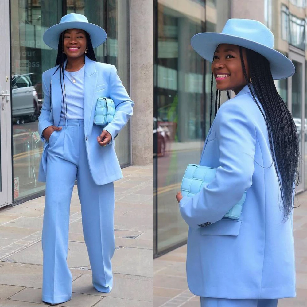 

Женский праздничный костюм из 2 предметов, синий однобортный свободный пиджак и брюки с широкими штанинами в стиле кэжуал для работы