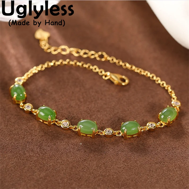 

Uglyless Simple Fashion Natural Gemstones Bracelets for Women Hotan Green Jade Jasper Bracelets Elegant 925 Silver Dress Jewelry