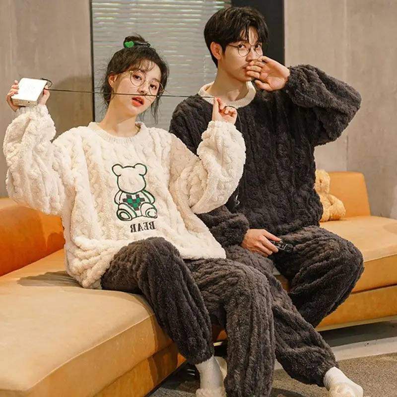 QUHENG 2022 Winter Couples Pyjamas Sets Women Man Thicken Hoodies Pajamas Cartoon Lovers Soft Warm Women Homewear Sleepwear Set