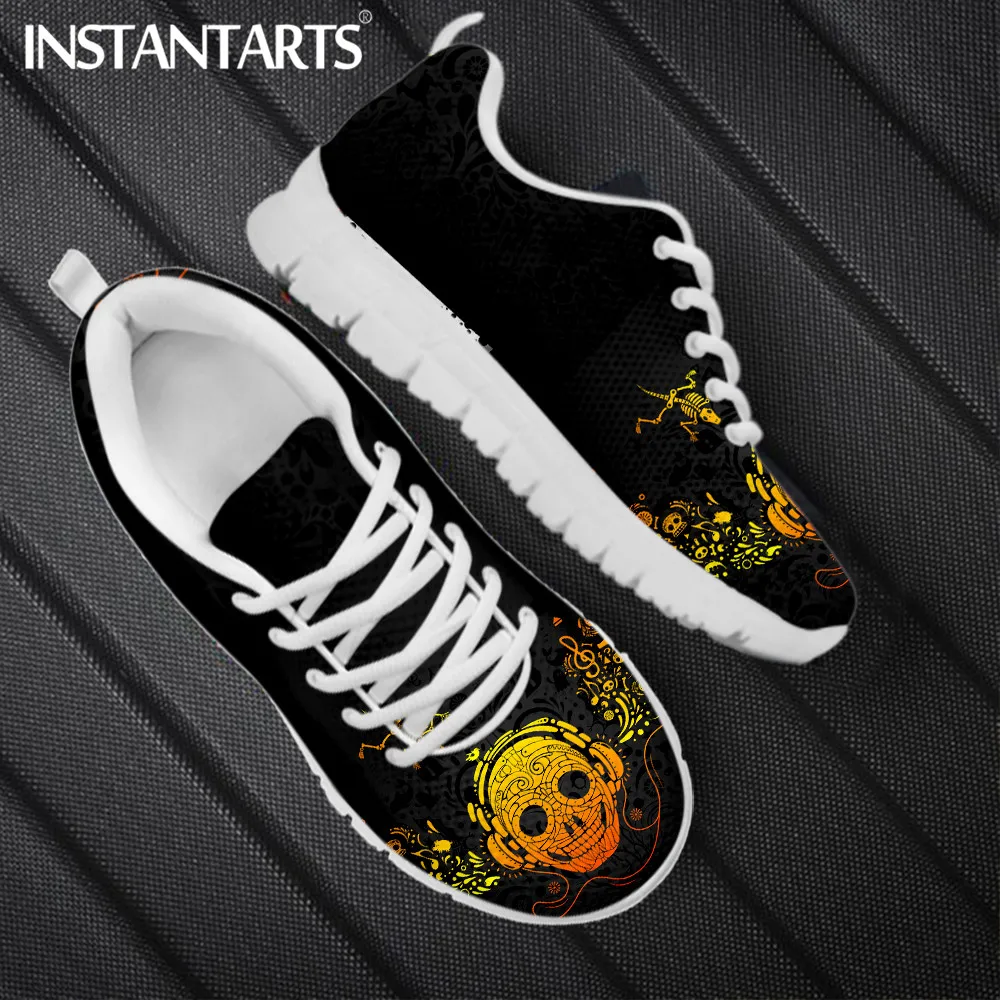 

INSTANTARTS Cool Skull Listening to Music with Headphones Pattern Femme Mesh Sneakers Breathable Lace up Flat Shoes Zapatillas