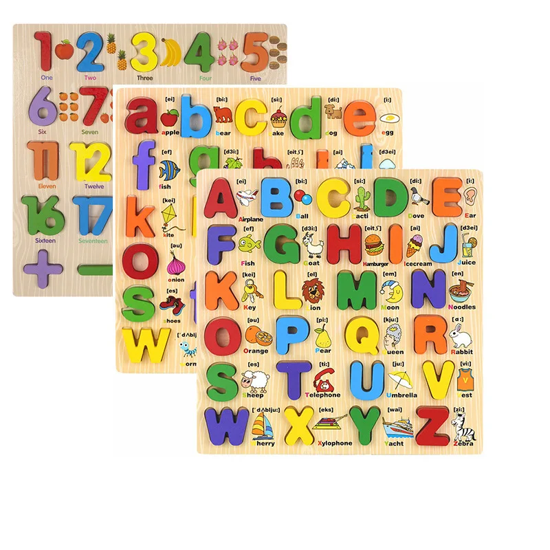 

Montessori Early Education Cognitive English Letters Numbers 3D Wood Puzzle Board Game Cartoon Jigsaw Children Gift for Baby