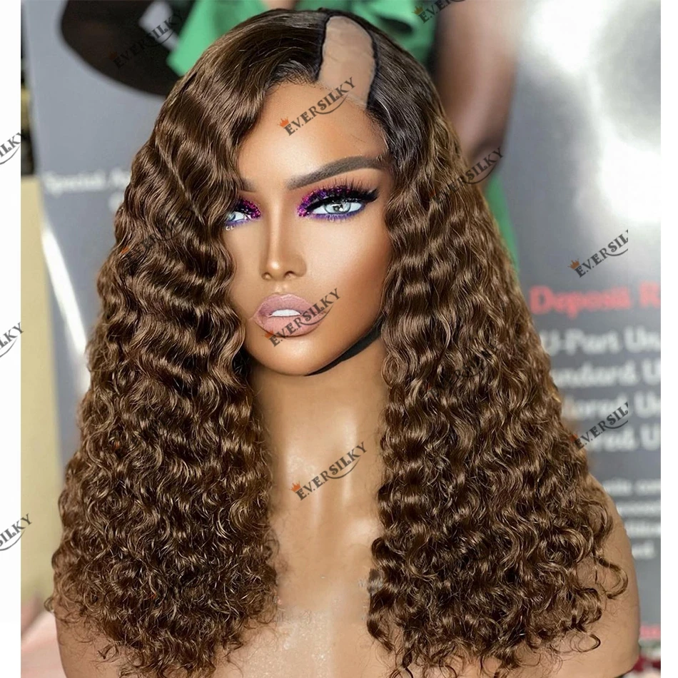 

Brown Ombre Human Hair U Part Wig Deep Wave 180 Density Middle/Left/Right Openning 1x4 Size Machine Made U Part Wig Remy Indian