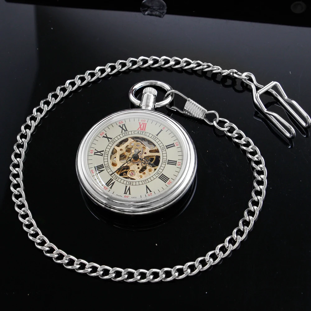 Silver Vintage Classic British Style Steam Punk Skull London Mechanical Pocket Watch Fob Chain Clock Men's and Women's Gift