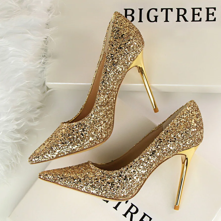 

2022 Women 9.5cm High Heels Plus Size 43 Stripper Glitter Scarpins Luxury Pumps Stiletto Wedding Bridal Gold Silver Fetish Shoes