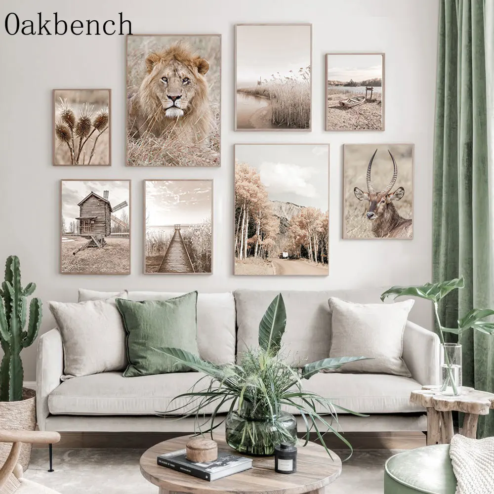 

Beige Wooden House Canvas Painting Reed Wall Art Antelope Trestle Lake Wall Picture Lion Wall Paintings Nordic Living Room Decor